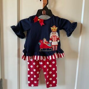 Rare Editions Navy Nutcracker Set with Red Bow & polka dot leggings